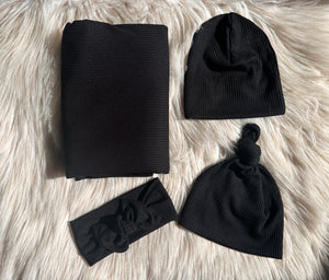 Rhett Black Rib Swaddle + Hat + Headband Set