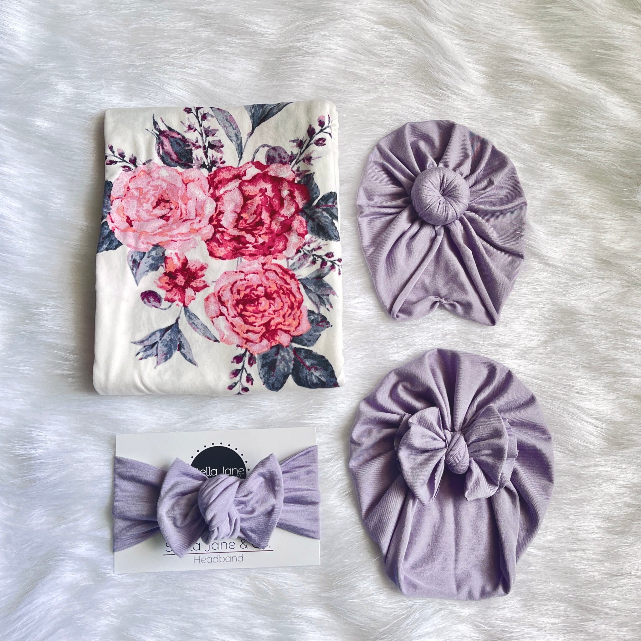 Clara Floral  Swaddle + Dusty Lilac Turban Set