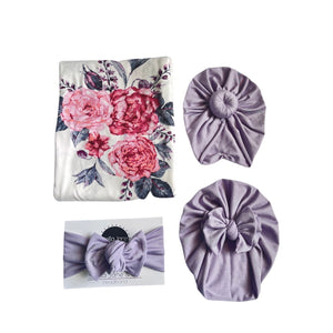 Clara Floral  Swaddle + Dusty Lilac Turban Set