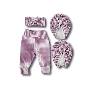 Gia Purple Stripe legging + Turban + Headband Set