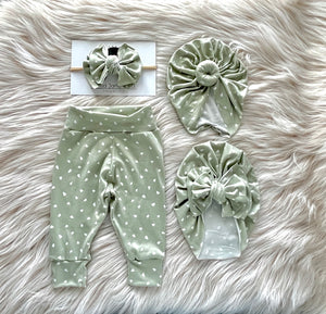 Hayden Sage Green Triangles Leggings + Turban + Headband Set