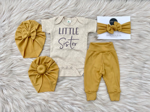 Oliver Ribbed Dusty Mustard Legging + Purple Little Sister Shirt+ Turban + Headband Set