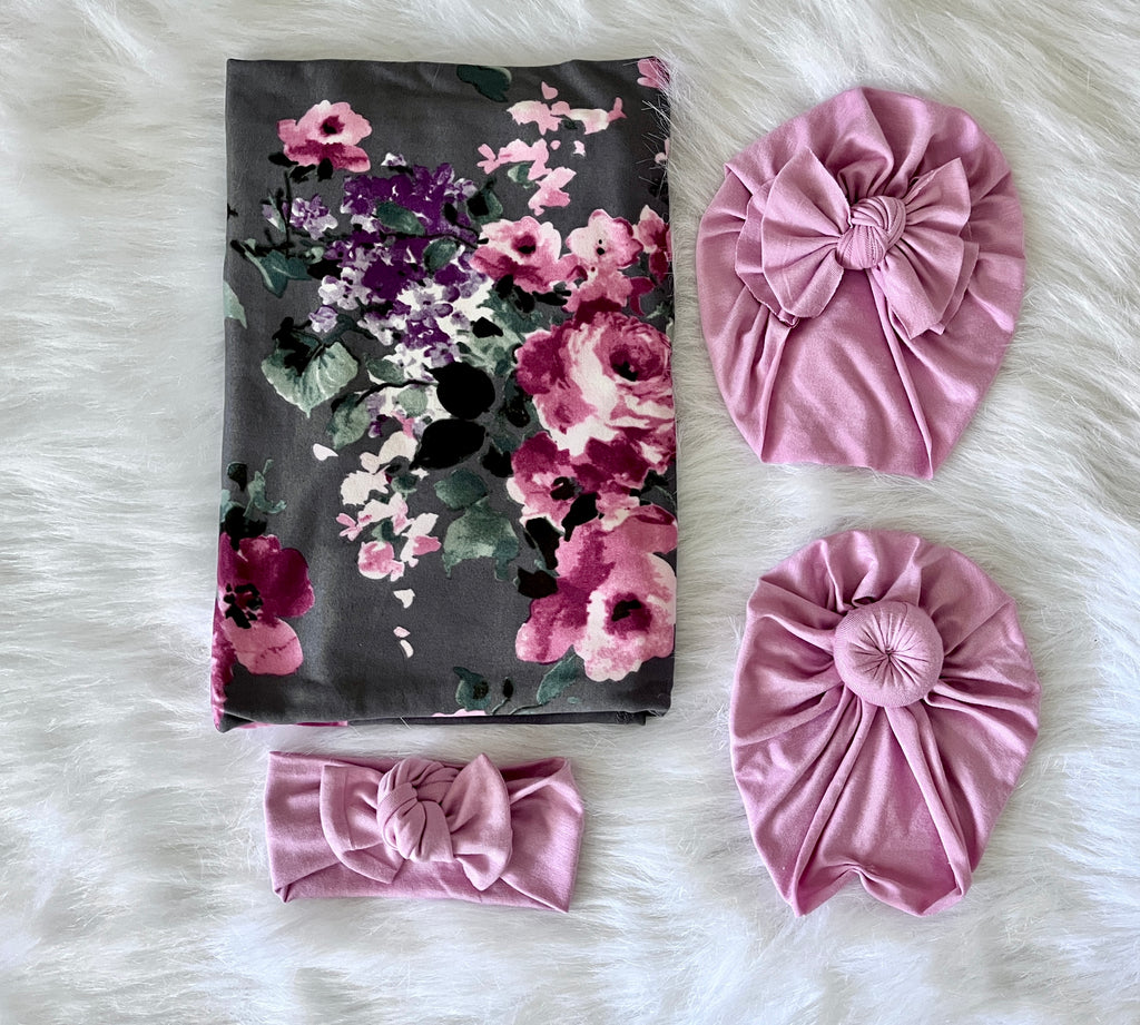 Sienna Floral Swaddle + Nova Pink Turban Set