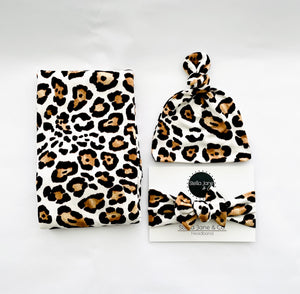 Ivy Leopard Swaddle + Hat + Headband Set