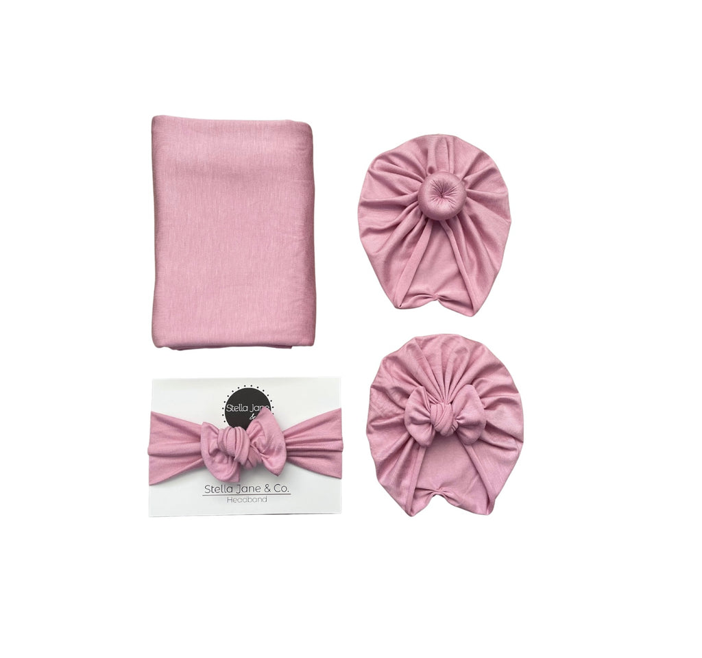 Nova Pink Swaddle + Turban + Headband Set