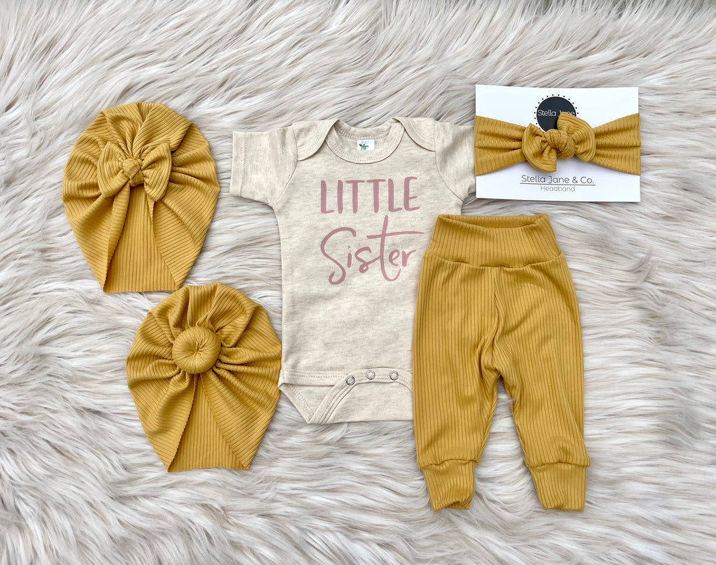 Oliver Ribbed Dusty Mustard Legging + Blush Little Sister Shirt+ Turban + Headband Set