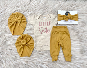 Oliver Ribbed Dusty Mustard Legging + Blush Little Sister Shirt+ Turban + Headband Set