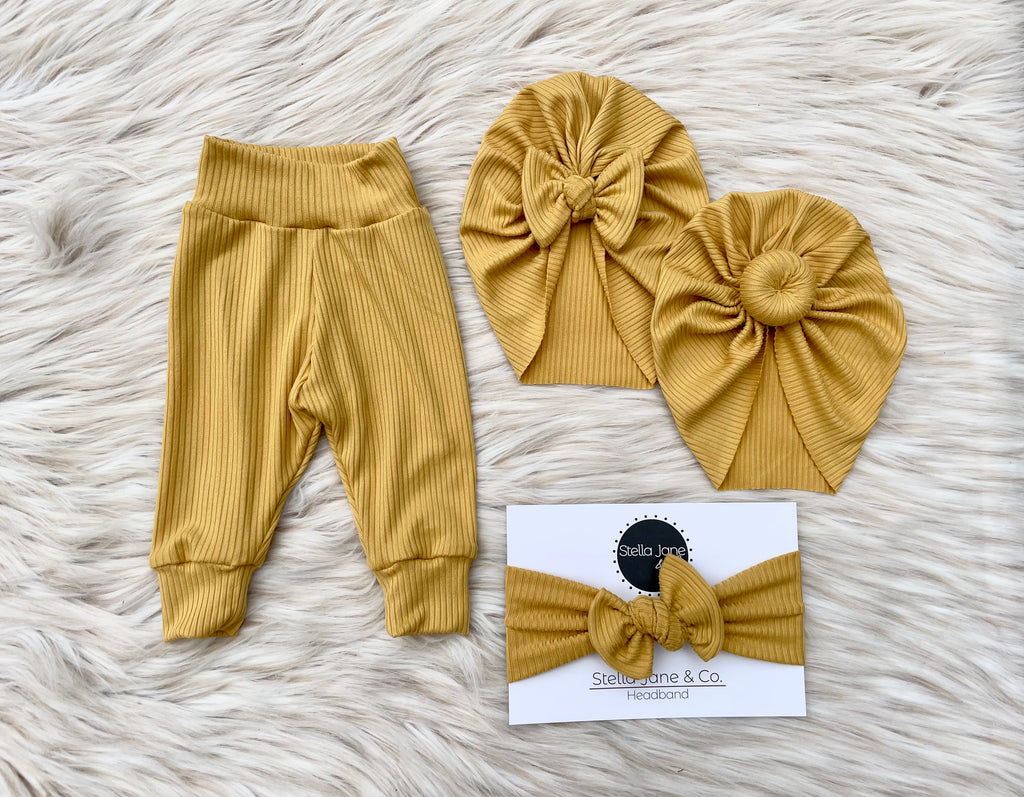 Oliver Ribbed Dusty Mustard Leggings + Turban + Headband Set