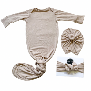 Jett Sand Beige Knotted Gown + Turban + Headband Set