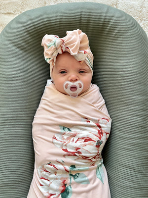 Winnie Light Blush Floral  Swaddle + Turban Set