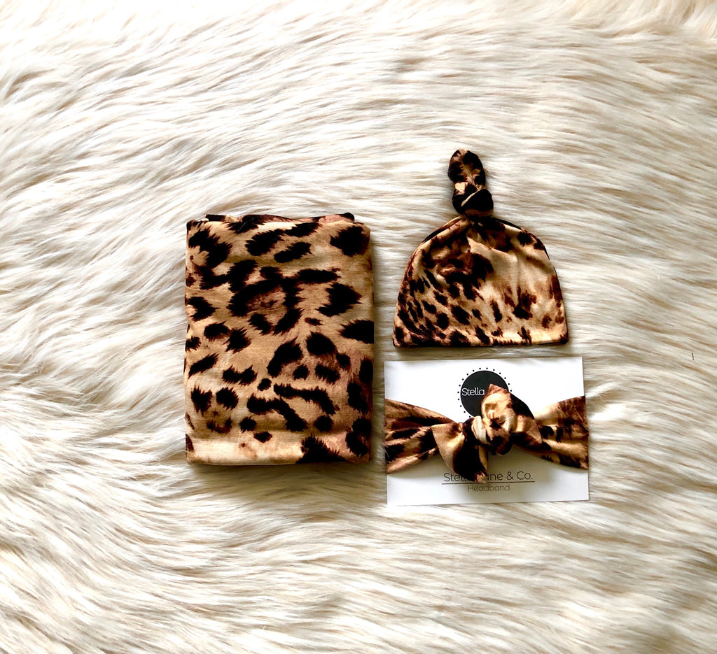 Pearl Leopard Swaddle + Hat + Headband Set