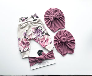 Lucy Floral Leggings + Mauve Turban + Headband Set