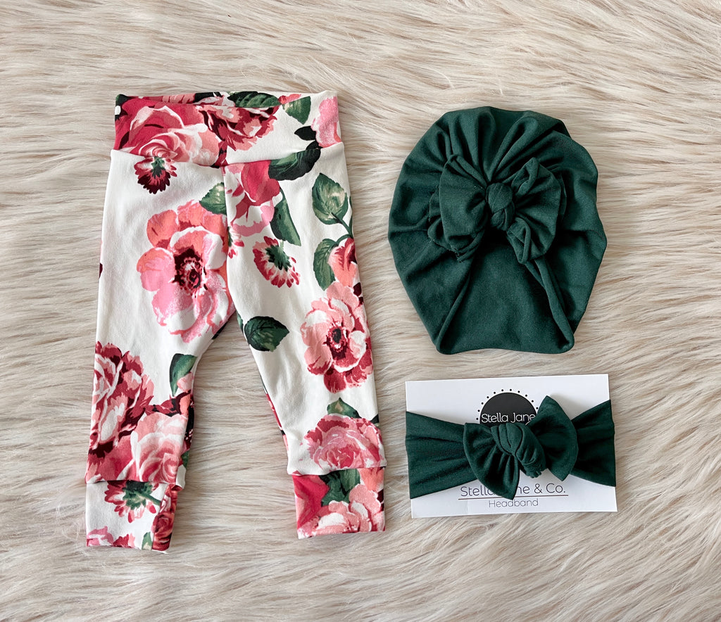 Capri Floral Legging + Hunter Green Turban + Headband Set