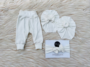 Jovi Ribbed Ivory Leggings + Turban + Headband Set