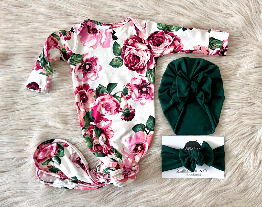 Capri Floral Knotted Gown + Hunter Green Turban + Headband Set