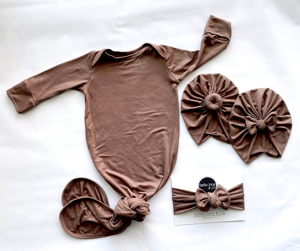Asher Espresso Brown Knotted Gown + Turban + Headband Set
