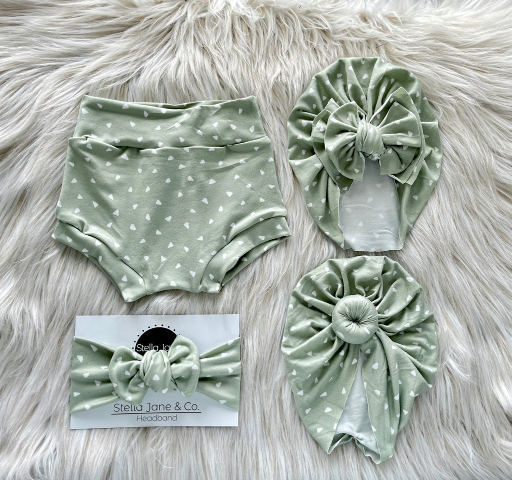 Hayden Sage Green Triangles Shorties + Turban + Headband