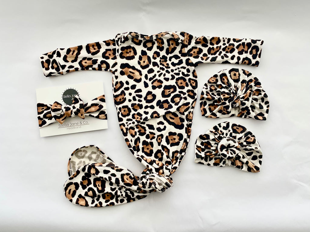 Ivy Leopard Print Knotted Gown + Turban + Headband Set