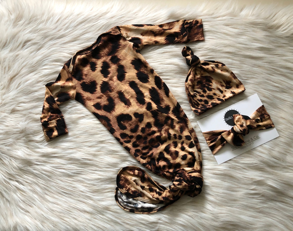 Pearl Leopard Print Knotted Gown + Hat + Headband Set