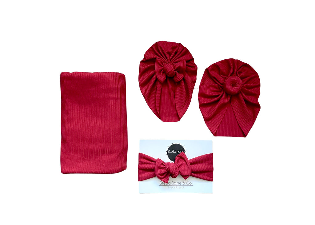 Layne Red Rib Swaddle + Turban Set