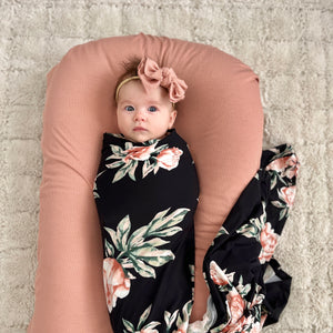 Emma Swaddle + Blush Ribbed Turban Set