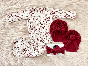 Molly Floral Knotted Gown + Red Rib Turban + Headband Set