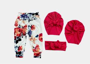 Jane Floral + Layne Red Rib Turban + Headband Set