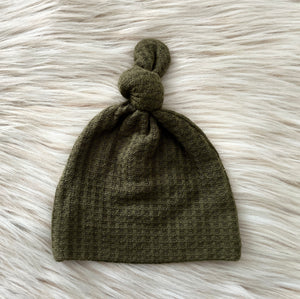 Olive Green  Waffle  Top Knot Hat