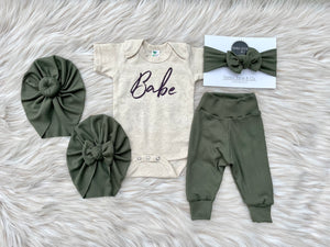 Max Ribbed Sage Green Legging + Eggplant Babe Shirt+ Turban + Headband Set