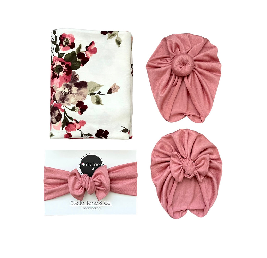 Morgan Floral  Swaddle + Dusty Pink Turban Set