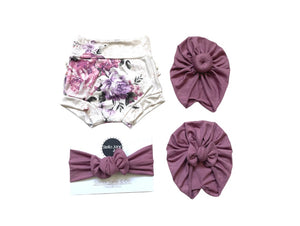 Lucy Floral Shorties + Mauve Turban + Headband Set