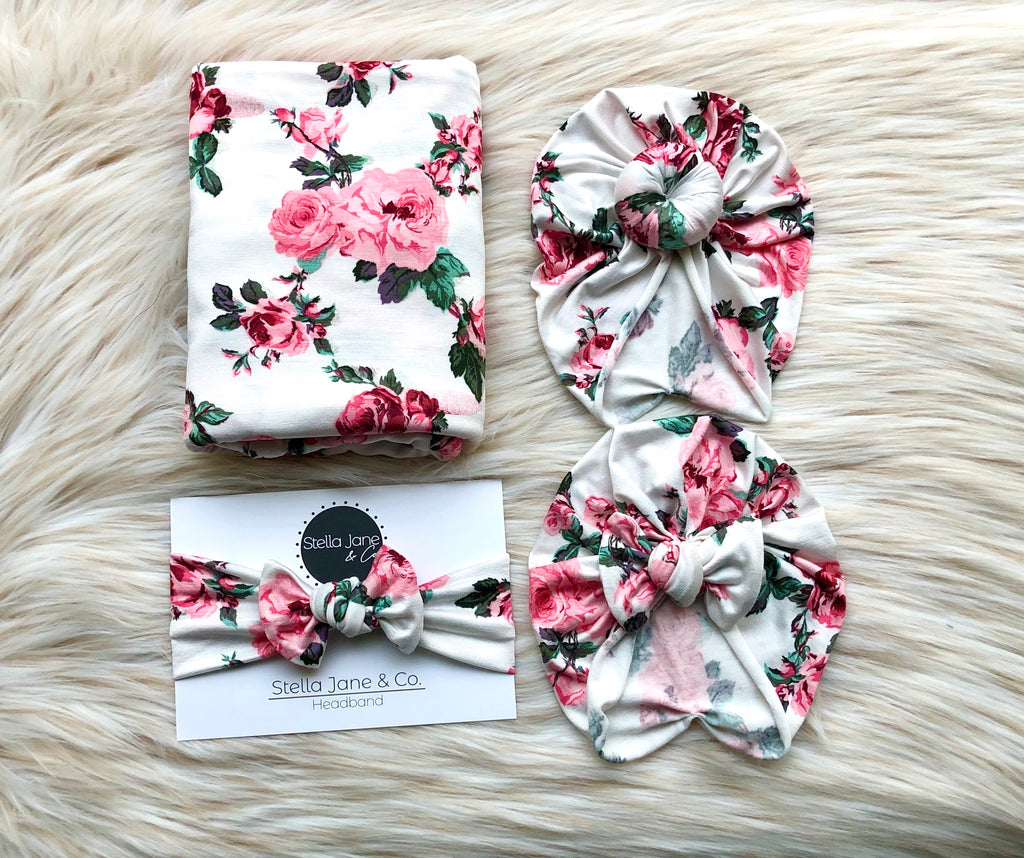 Anna Pink Floral  Swaddle + Turban Set