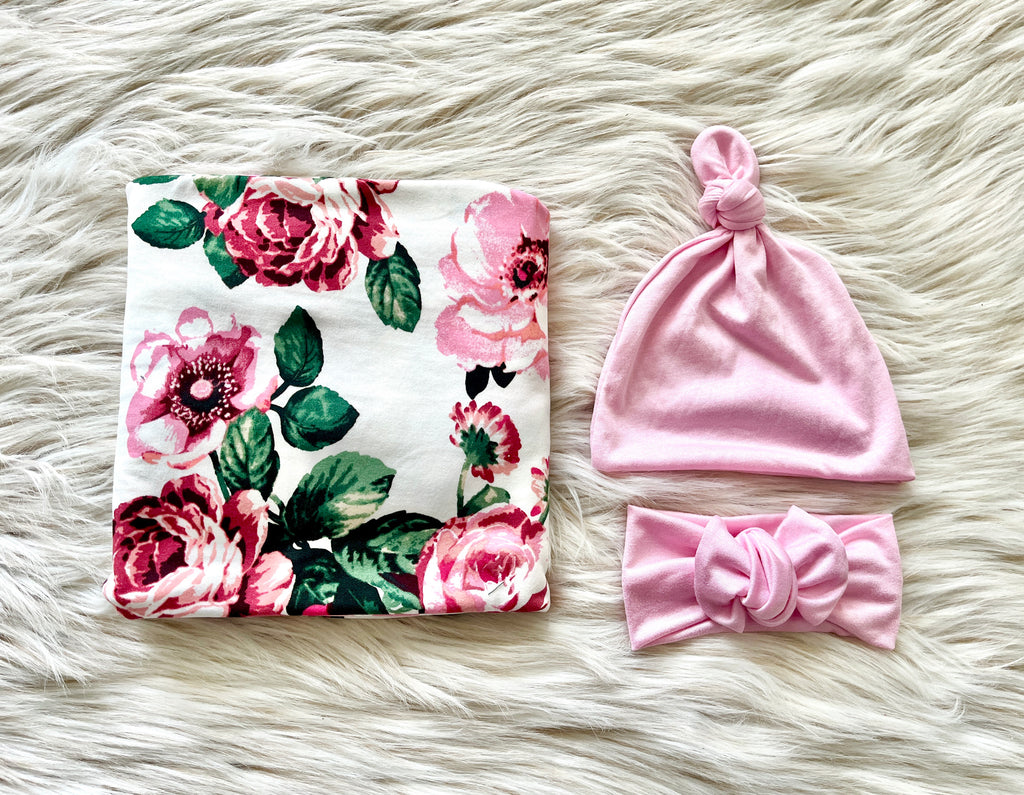 Capri Floral Swaddle + Bubblegum Hat + Headband Set