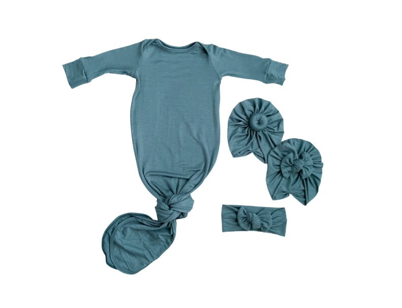 Luke Blue Knotted Gown + Turban + Headband Set