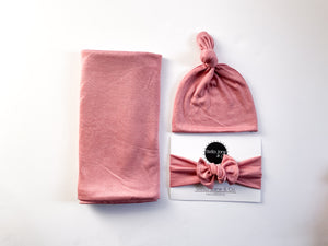 Millie Dusty Rose Pink Swaddle + Hat + Headband Set