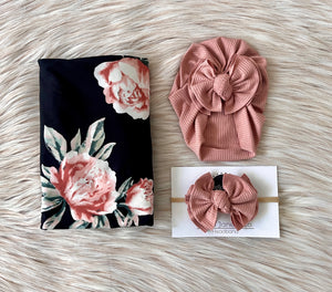 Emma Swaddle + Blush Ribbed Turban Set