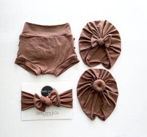 Asher Espresso Shorties + Turban + Headband Set