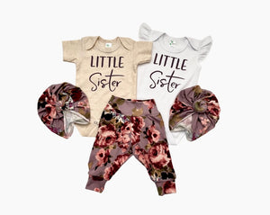 Stella Purple Floral Legging + Little Sister Shirt+ Turban + Headband Set