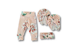 Winnie Light Blush Floral legging  + Turban + Headband Set