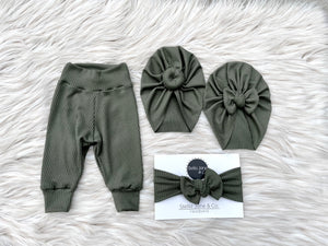 Max Ribbed Sage Green Leggings + Turban + Headband Set