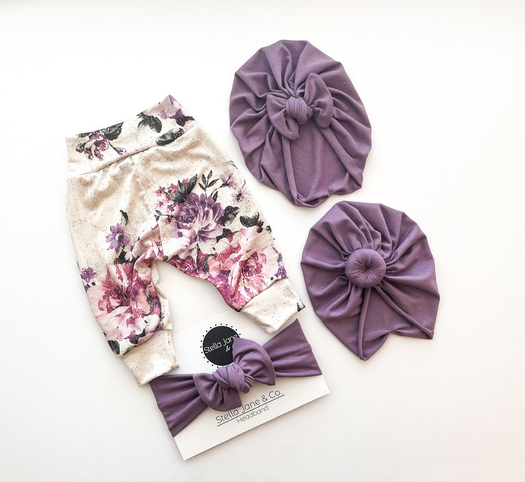 Lucy Floral Leggings + Lavender Turban + Headband Set