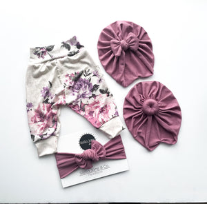 Lucy Floral Leggings + Mauve Turban + Headband Set