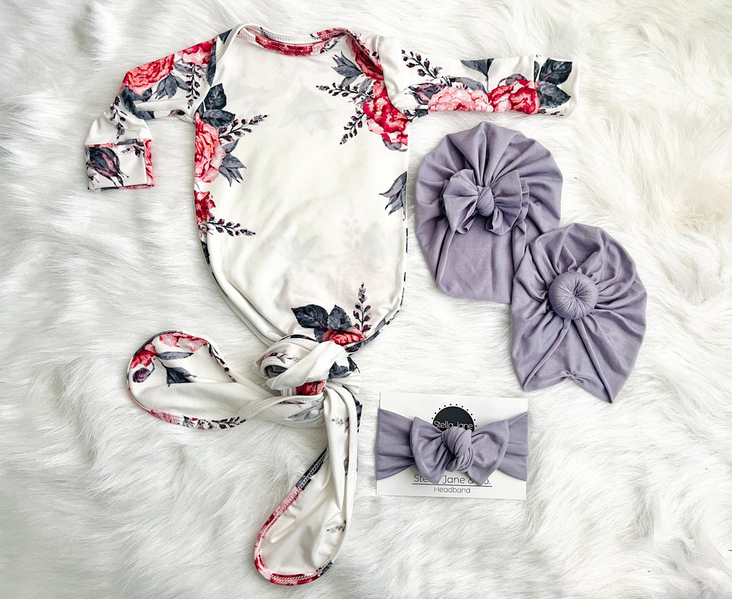 Clara Floral  Knotted Gown + Dusty Lilac Turban + Headband Set