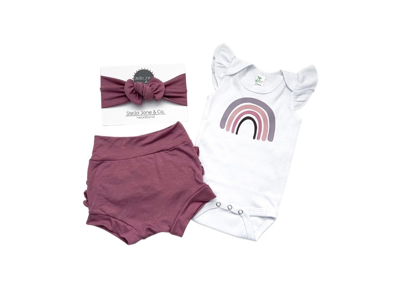 Vivian Mauve Shorties + Rainbow Shirt + Headband