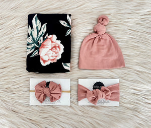 Emma Floral Swaddle + Blush Ribbed Hat + Headband Set