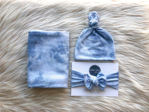 Sky Blue Tie Dye Swaddle + Hat + Headband Set