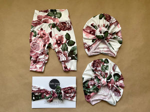 Lydia Mauve Floral Pant + Turban + Headband Set
