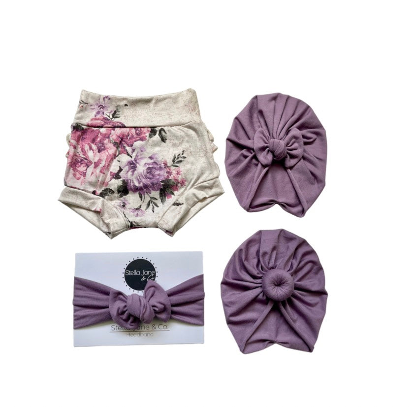 Lucy Floral Shorties + Purple Turban + Headband Set