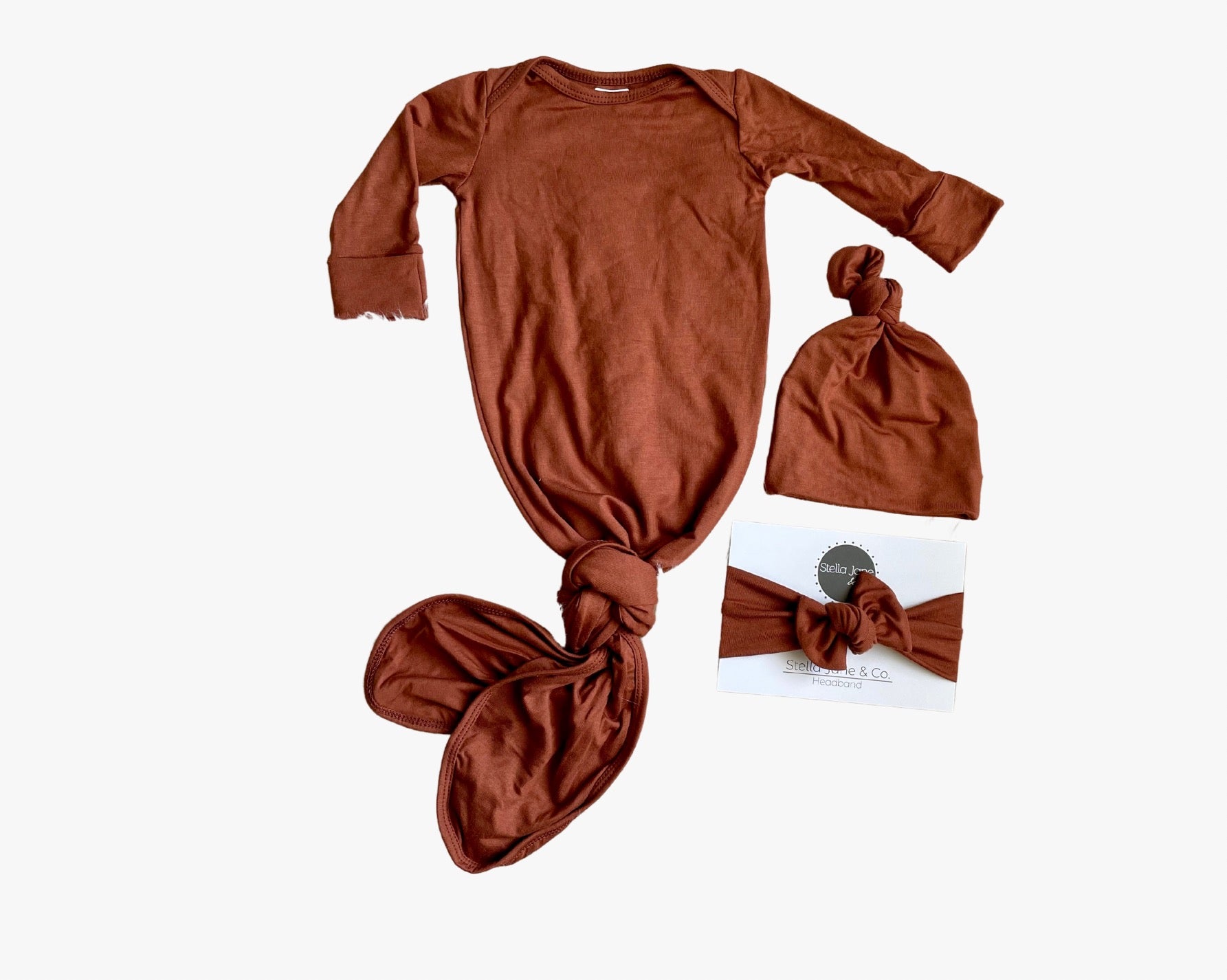 Crew Cinnamon Knotted Gown + Hat + Headband Set