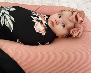 Emma Floral Swaddle + Blush Ribbed Hat + Headband Set